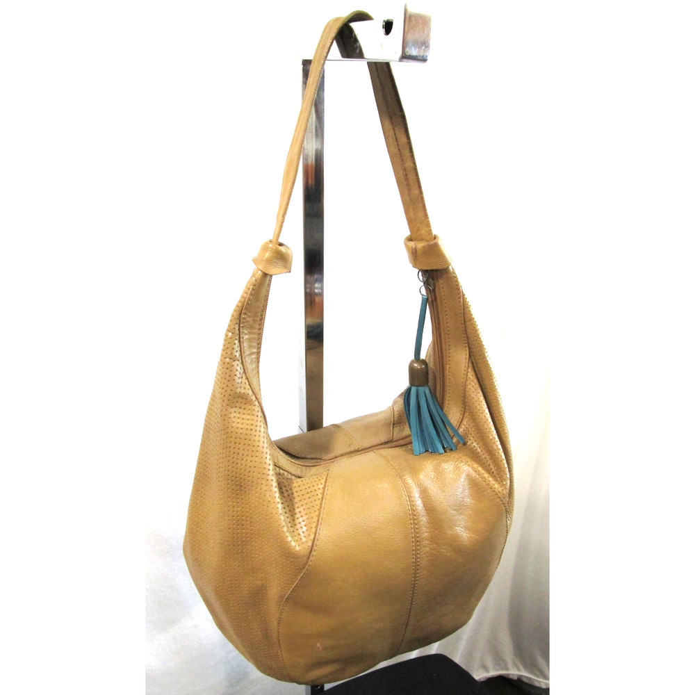 Velez Tan Brown Perforated Leather Large Hobo Shoulder Purse